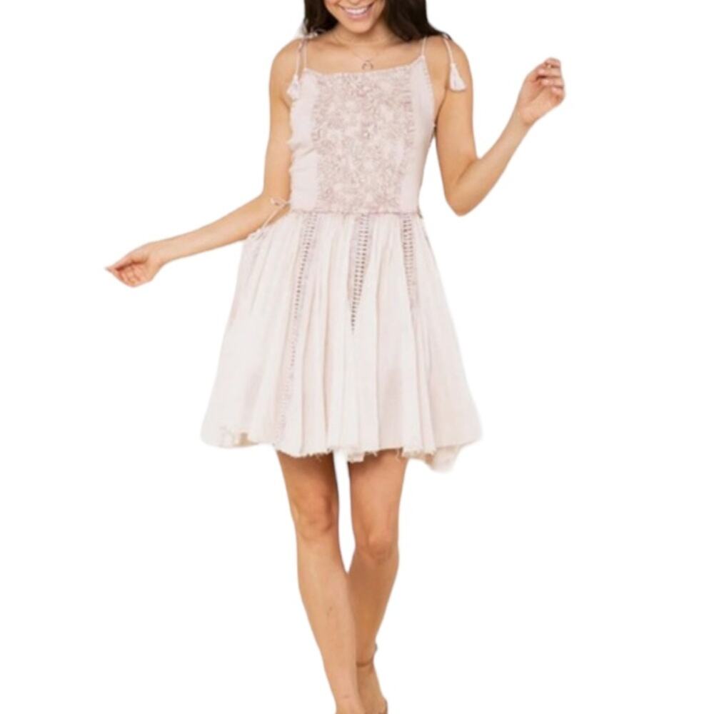 Raga Size Small Kimora Embroidered Dress Taupe/Off Pink Bohemian Vintage Style